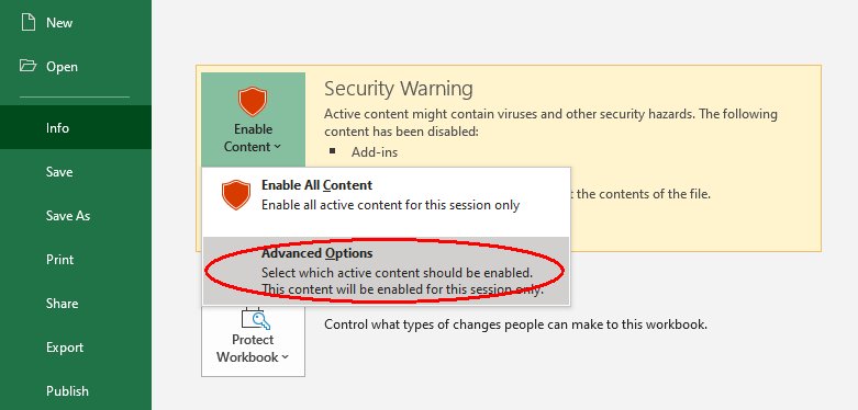 Office 2016 Security Advanced Options.