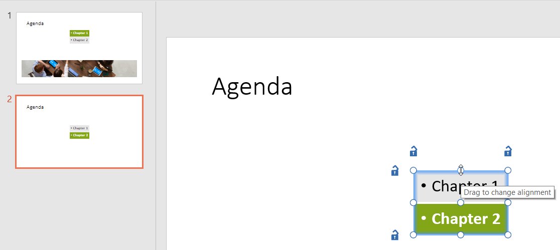An agenda element selected on a slide, with the mouse cursor hovering over its top handle.