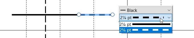 Barres de lignes dans le graphique de Gantt avec sélection du style de ligne ouverte dans la barre d’outils flottante.