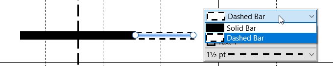 Barras rectangulares en gráfico de Gantt con selección de estilo de forma abierta en barra de herramientas flotante.