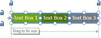 고정된 크기를 설정하기 위해 선택된 think-cell 텍스트 상자.