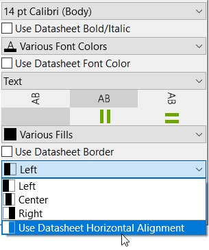 Floating toolbar of a table cell, vertical alignment control open, set to 'Use Datasheet Horizontal Alignment'.