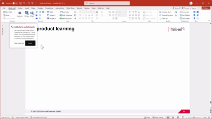 think-cell in-product learning tooltip appearing in PowerPoint with feature suggestion and link