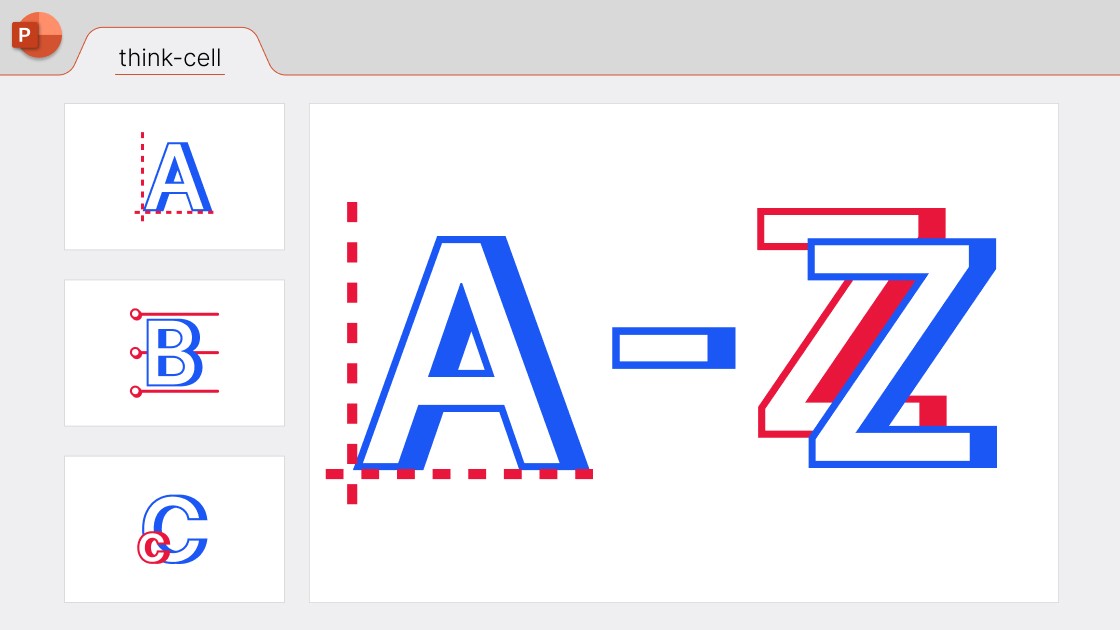Blog banner introducing think-cell's cheat sheet, showing the A-Z on an illustration of a PowerPoint slide.
