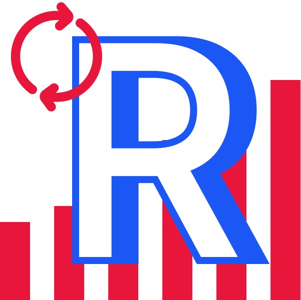 Large letter R and iconography suggesting Refreshed data as part of think-cell's PowerPoint cheat sheet.