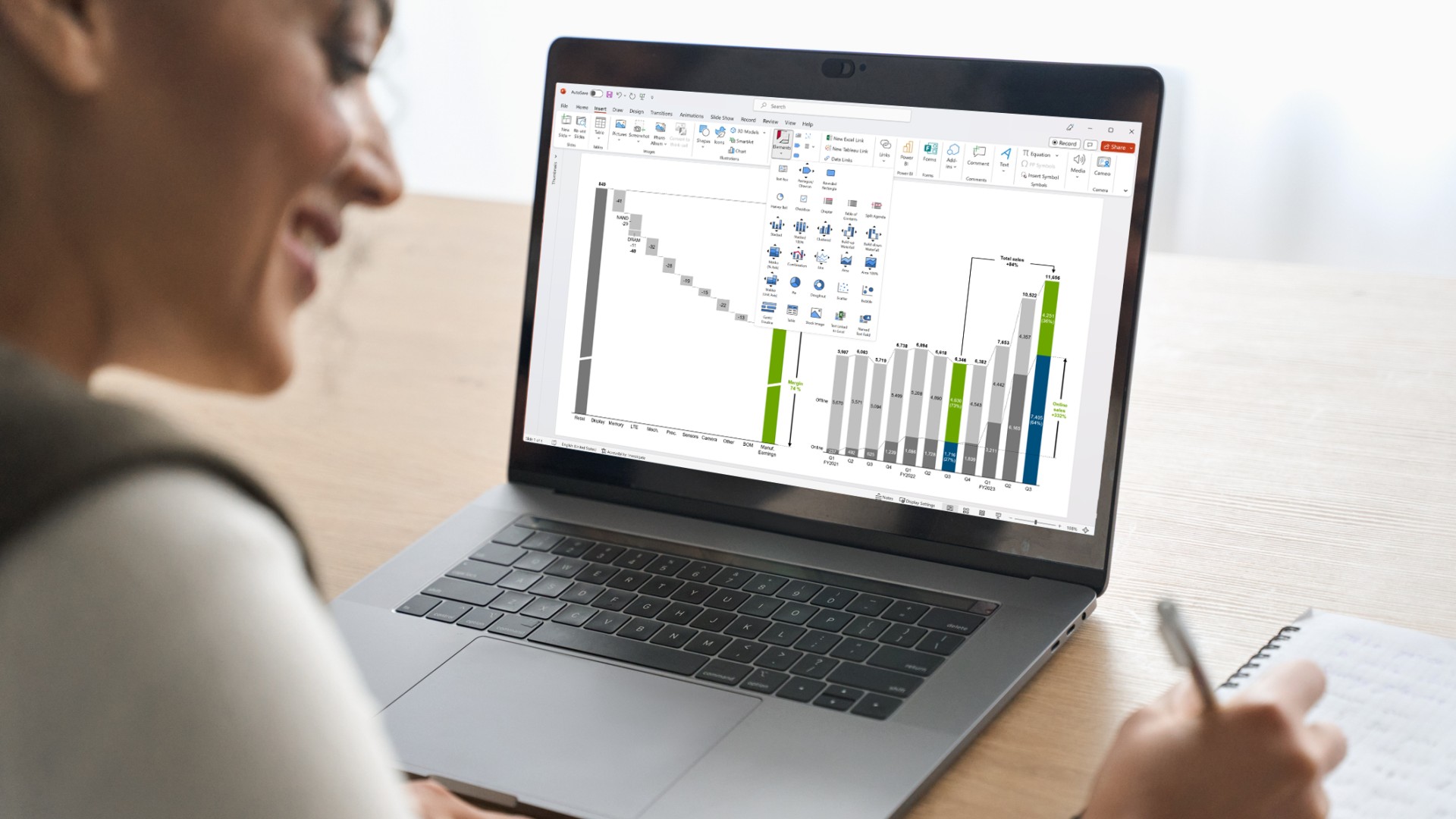 Woman working with think-cell in PowerPoint. Slide shows two charts: one is a waterfall chart, and the other is a stacked column chart.