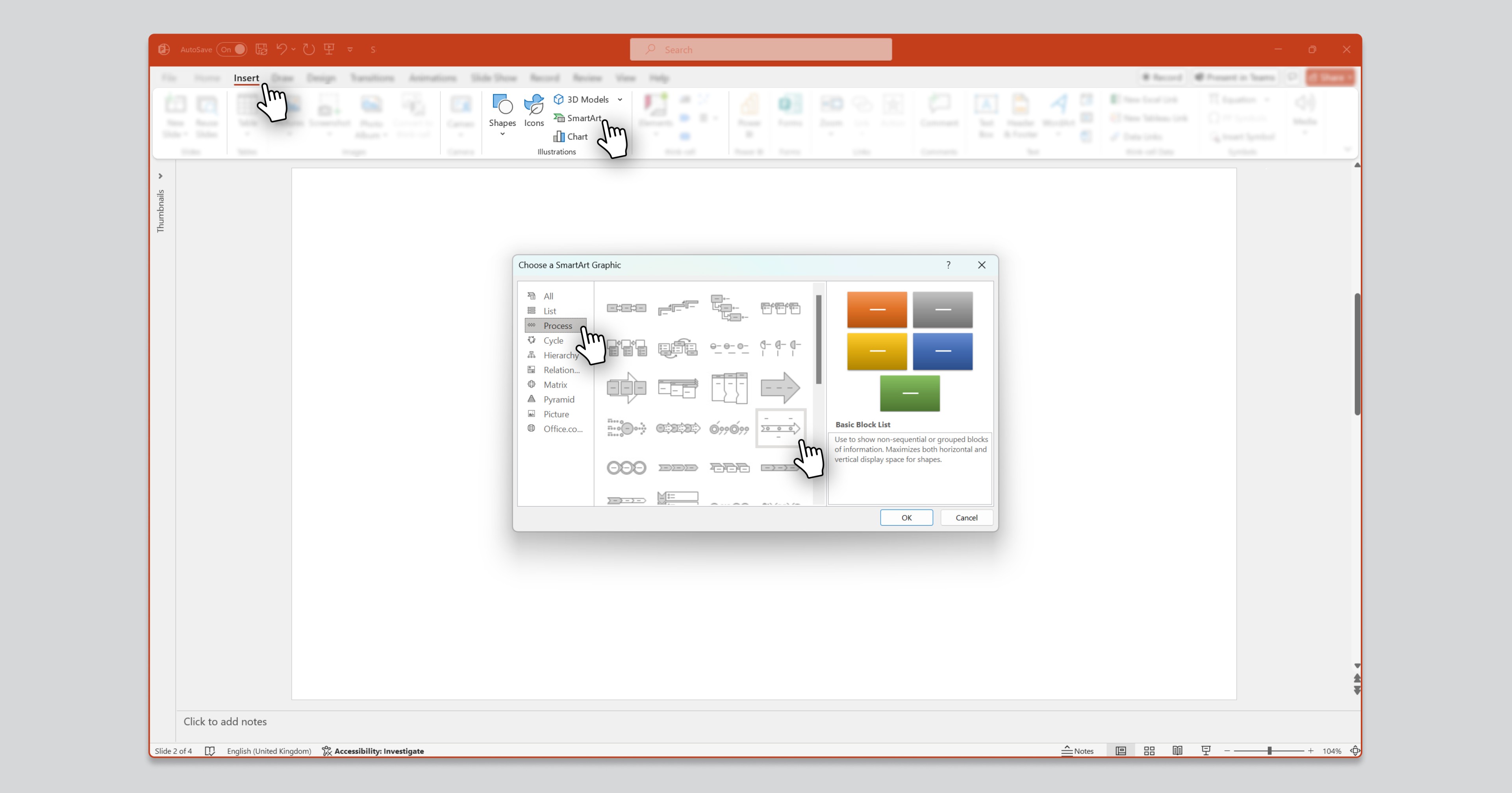 PowerPoint SmartArt menu with selection of process illustrations available for creating timelines.