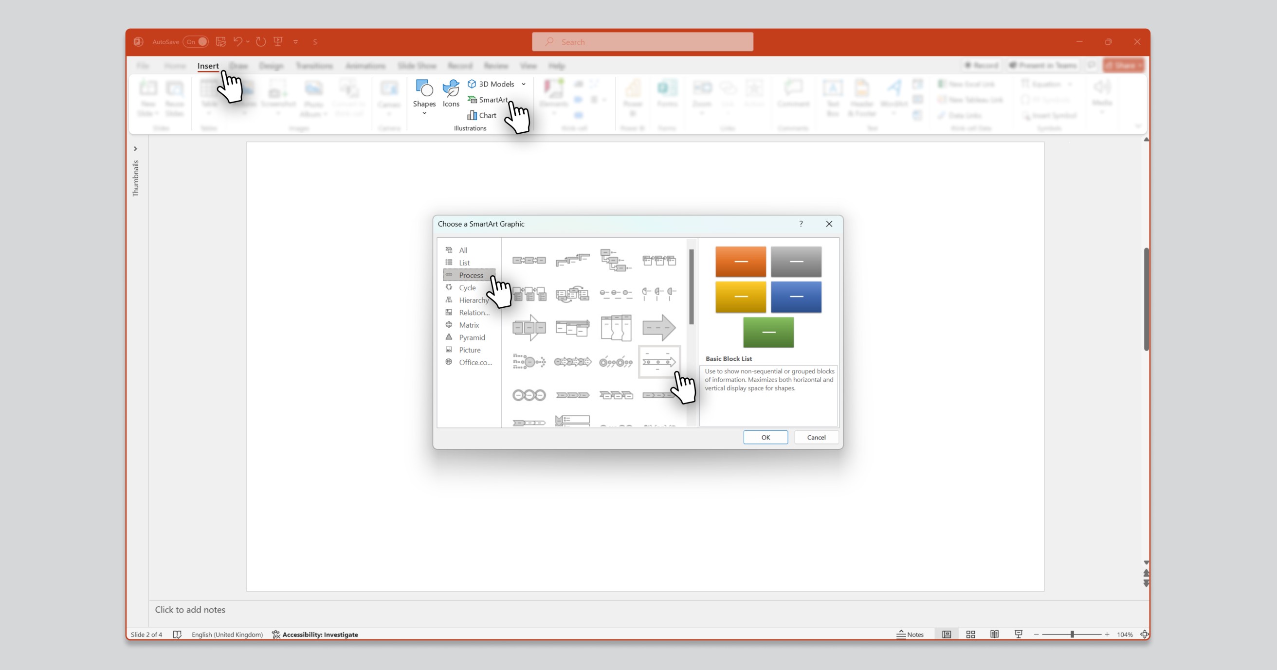PowerPoint SmartArt menu with selection of process illustrations available for creating timelines.