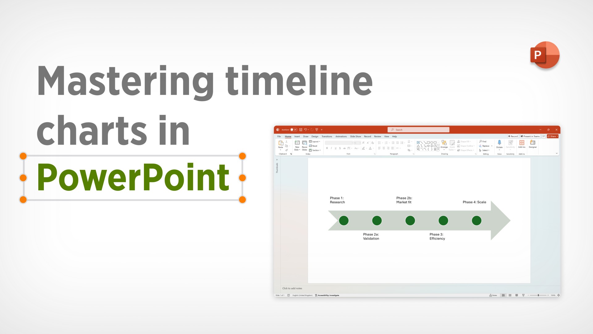 Preview of a simple PowerPoint milestone timeline. The caption reads: ‘Mastering timeline charts in PowerPoint.’