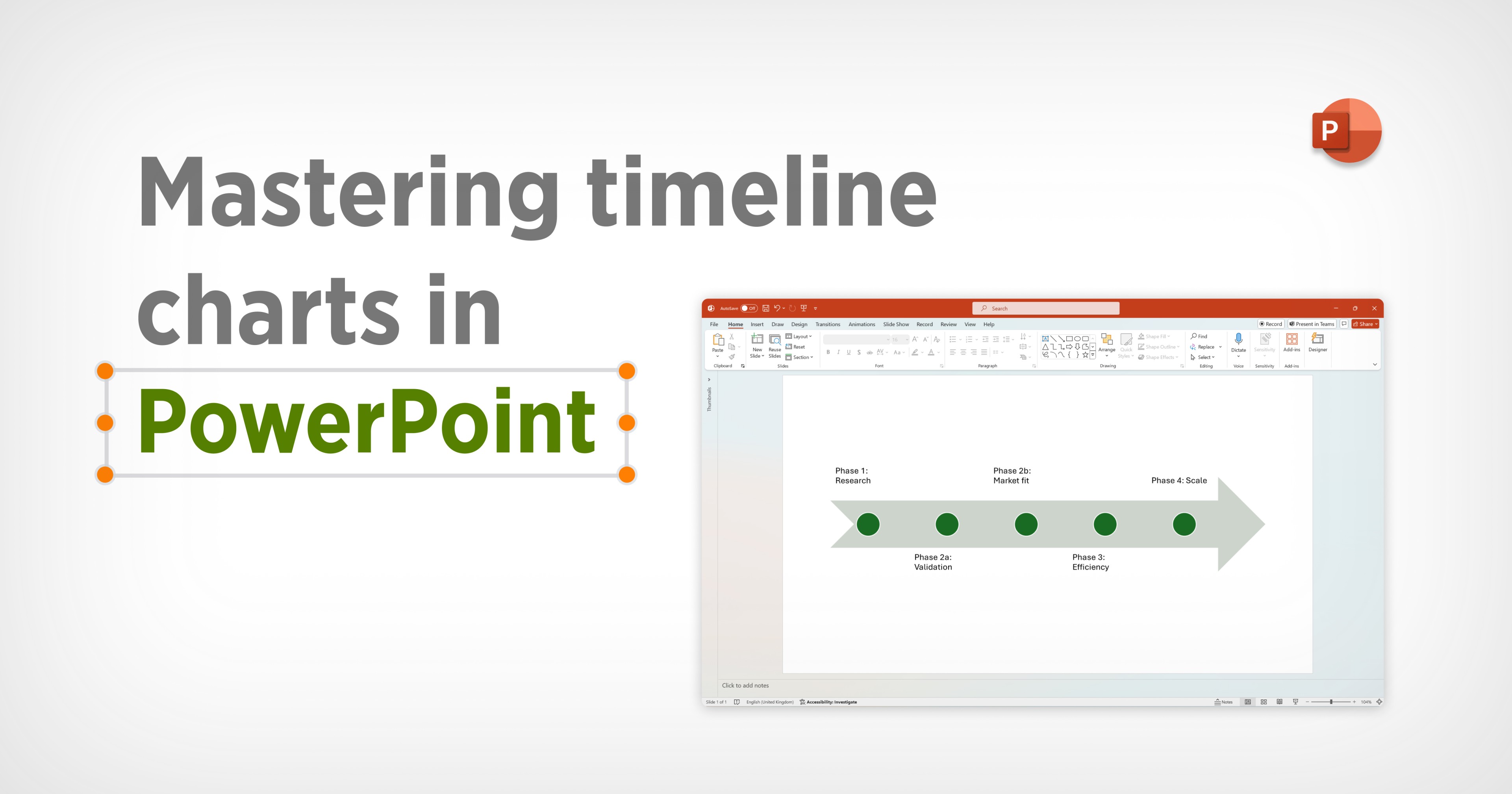 Preview of a simple PowerPoint milestone timeline. The caption reads: ‘Mastering timeline charts in PowerPoint.’