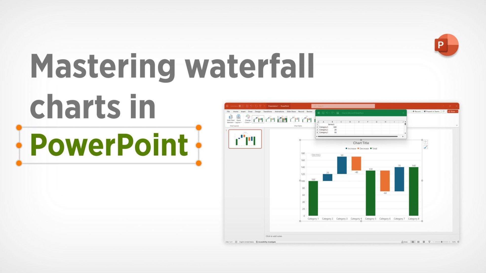 Preview of a PowerPoint waterfall diagram. The caption reads: ‘Mastering waterfall charts in PowerPoint.’