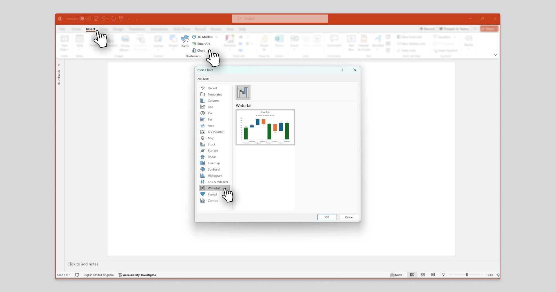 PowerPoint UI showing how to insert a waterfall chart via the Insert tab, Illustrations Group, Chart, then waterfall.