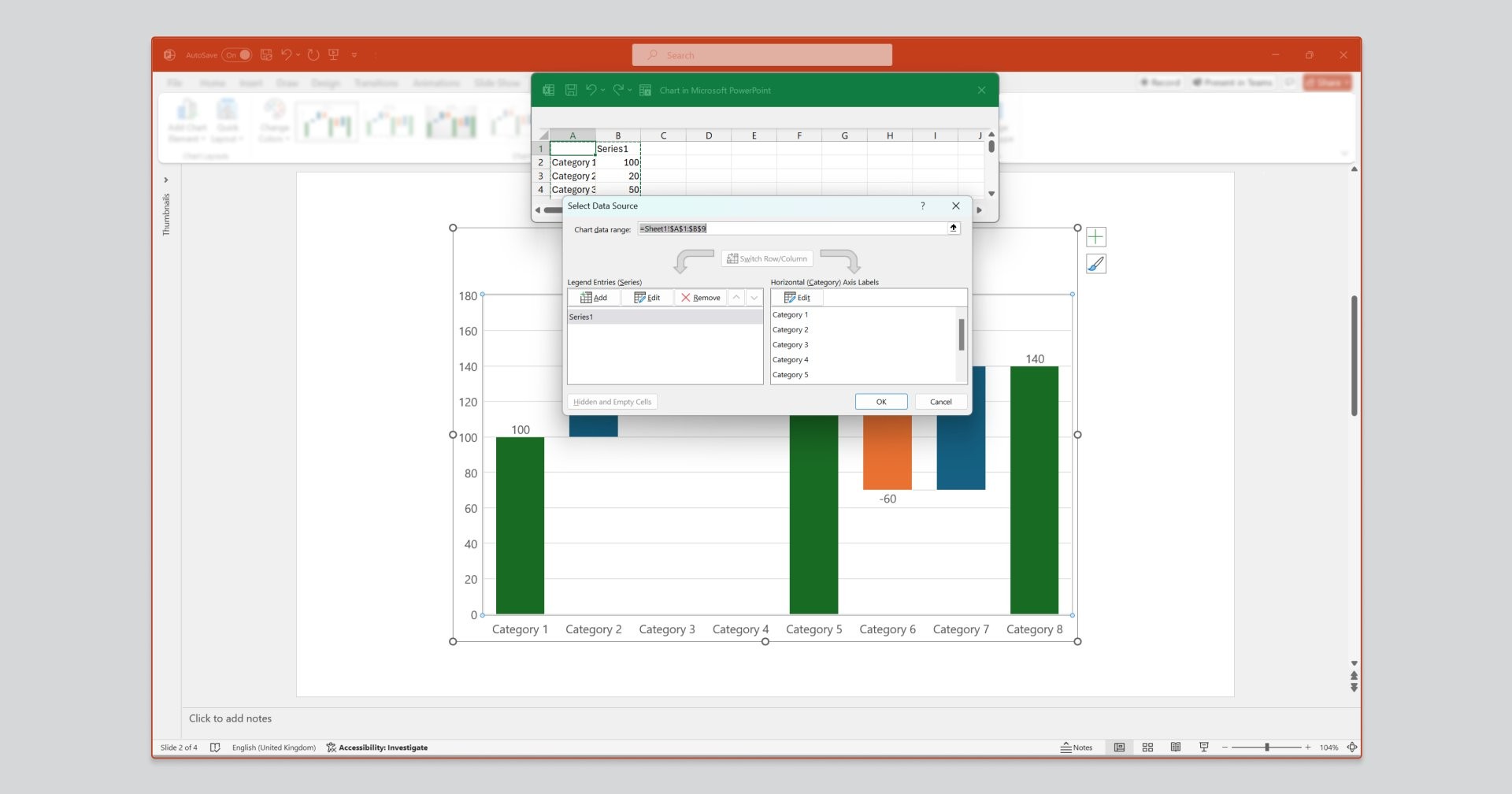 PowerPoint UI showing Select Data Source window to specify the data range or source for the waterfall chart, allowing user to update the chart's data.