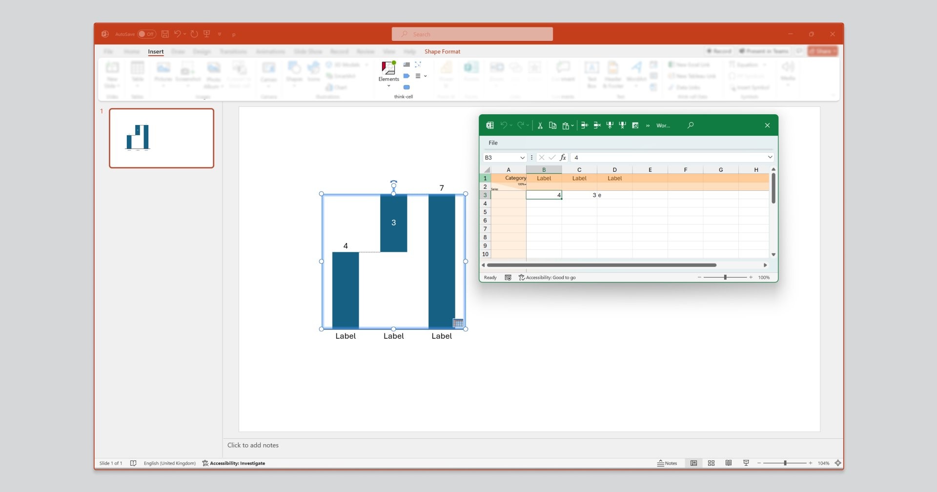 think-cell data sheet in PowerPoint allowing for the entry of data for waterfall chart.