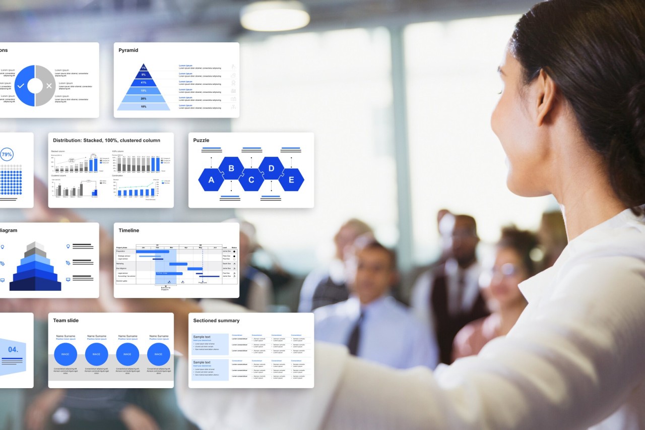 think-cell blog header showing a number of examples of business presentation slides and a woman presenting in front of an audience.