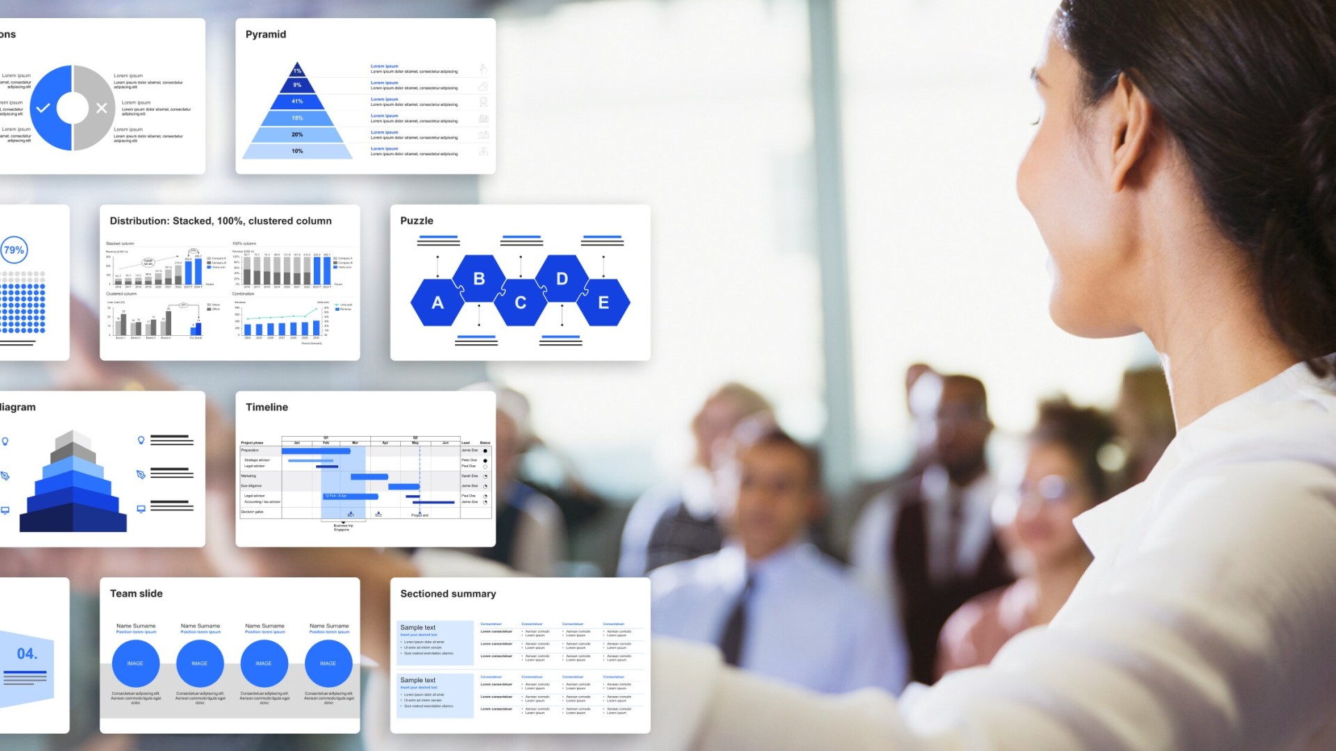 think-cell blog header showing a number of examples of business presentation slides and a woman presenting in front of an audience.