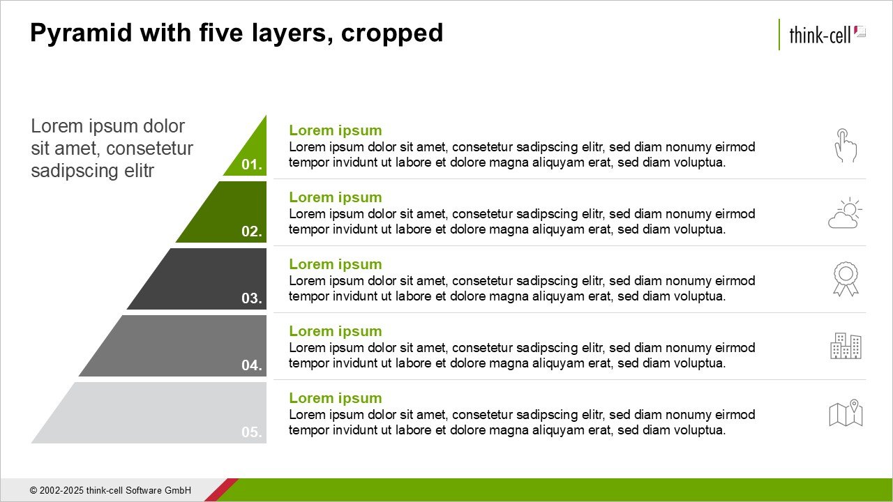 Example PowerPoint slide with dummy text showing a five-layered pyramid visualization.