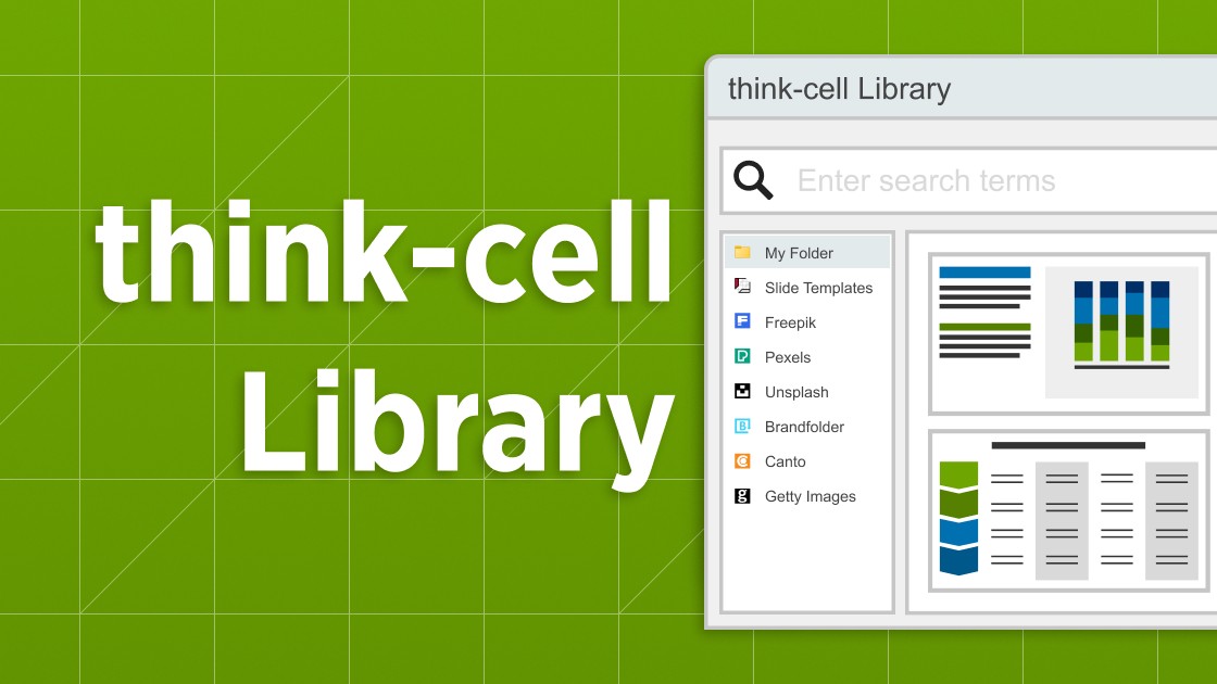 Banner captioned think-cell Library, showing a preview of the think-cell Library search, offering slides, templates and images.