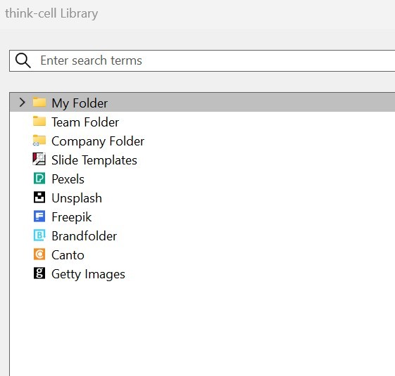 Screenshot showing a user's folder structure in the think-cell Library, with directories for personal, team and company assets.