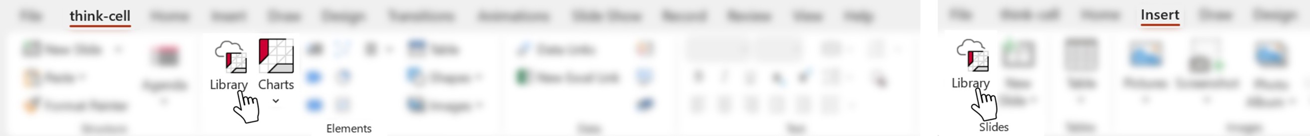 Screenshots side-by-side showing where to access the think-cell Library in PowerPoint, either from the think-cell tab or the Insert tab.