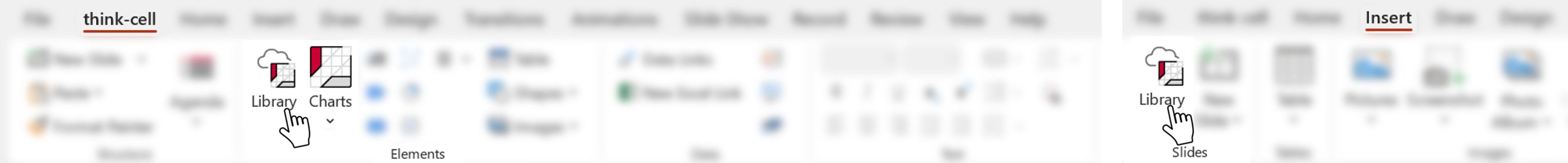 Screenshots side-by-side showing where to access the think-cell Library in PowerPoint, either from the think-cell tab or the Insert tab.