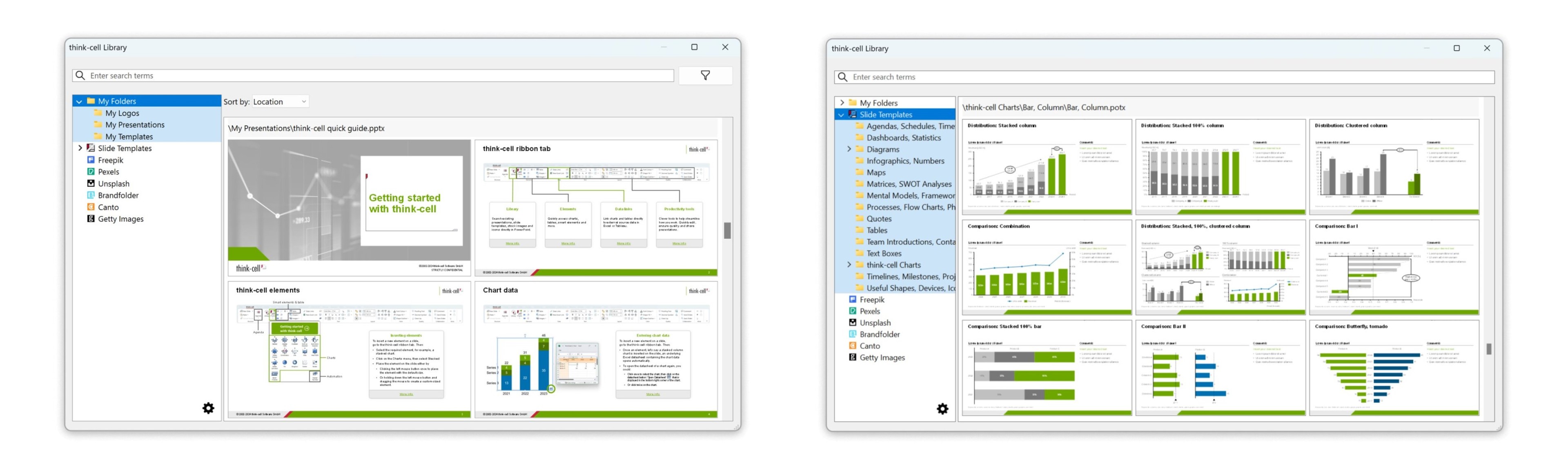 Two screenshots showing slide selection and templates in the think-cell Library.