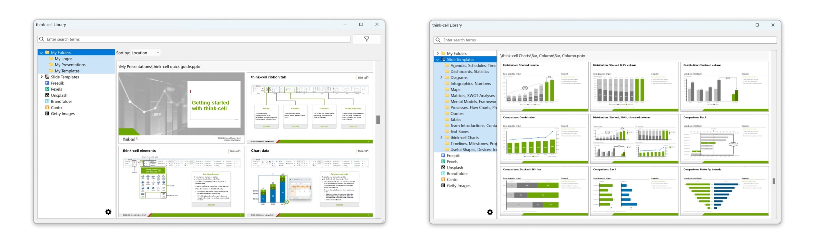 Two screenshots showing slide selection and templates in the think-cell Library.