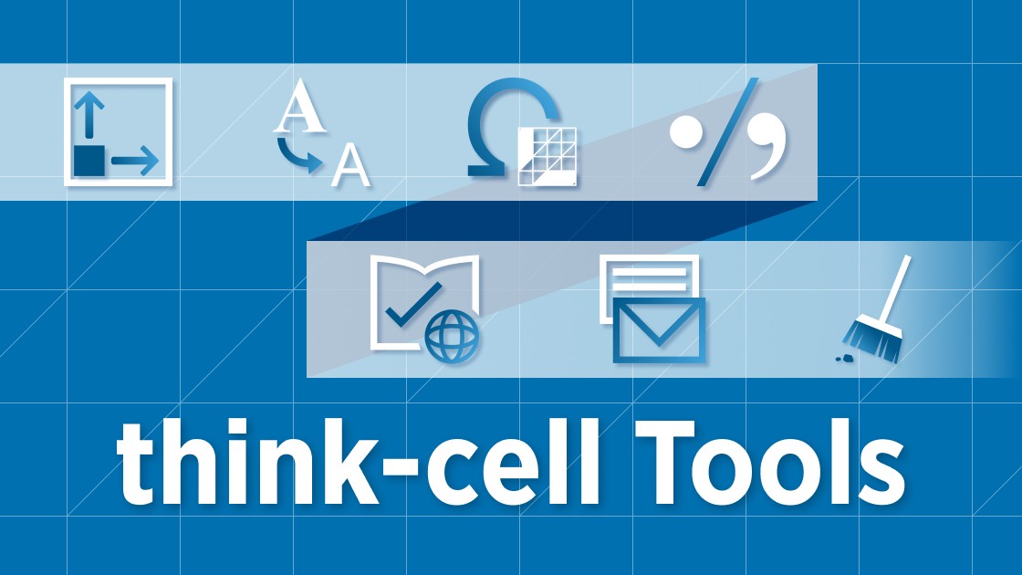 Blog banner showing seven icons, one for each of the seven think-cell Tools for PowerPoint.