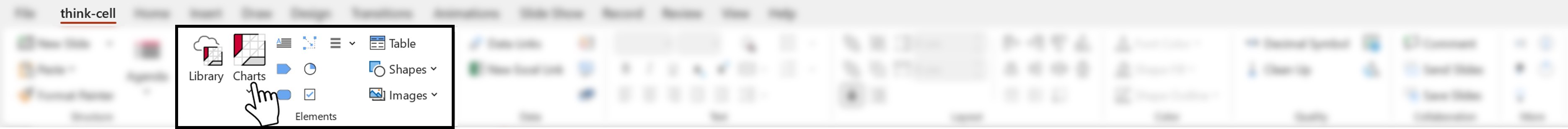 Screenshot of the think-cell tab in PowerPoint, highlighting where the user can add charts from the Elements command group.