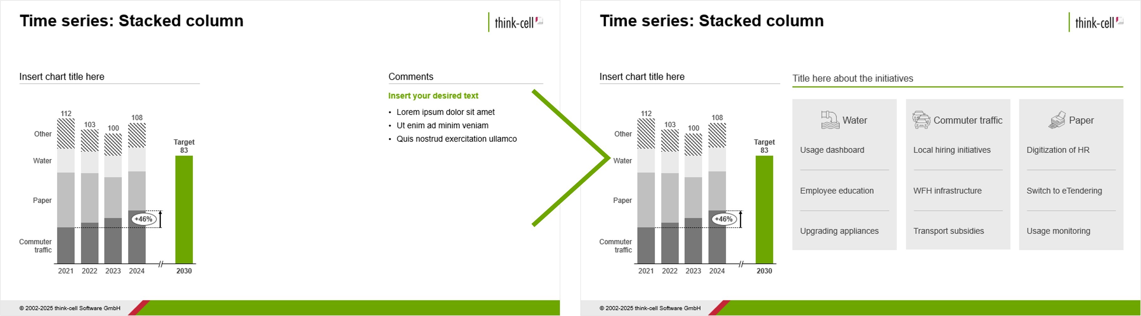 Two screenshots of a PowerPoint slide showing its enhancement by adding smart text boxes and icons from the think-cell Library.
