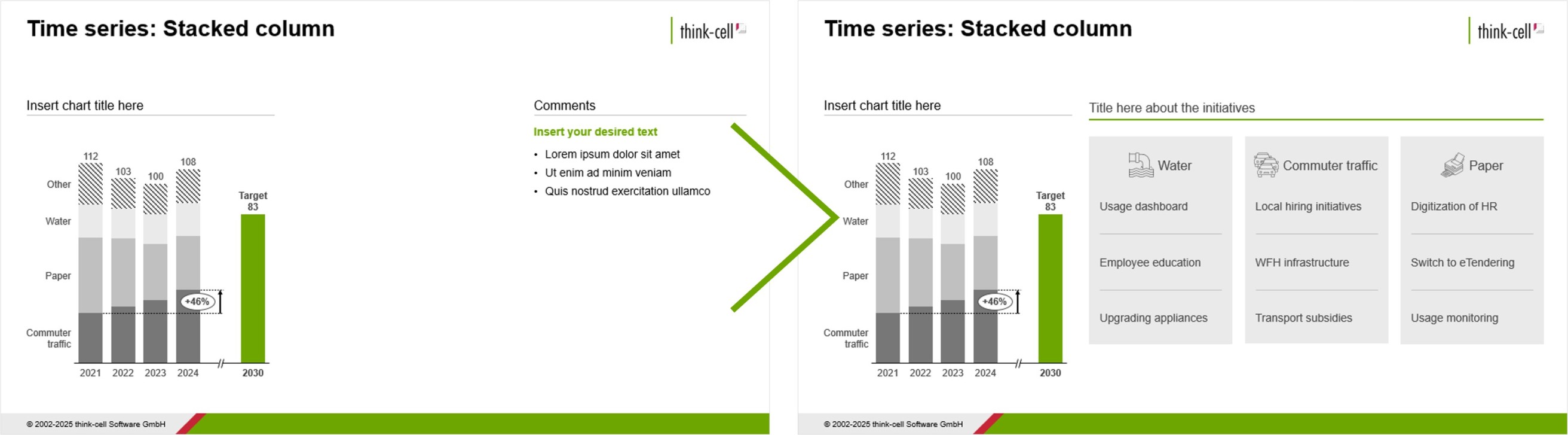 Two screenshots of a PowerPoint slide showing its enhancement by adding smart text boxes and icons from the think-cell Library.