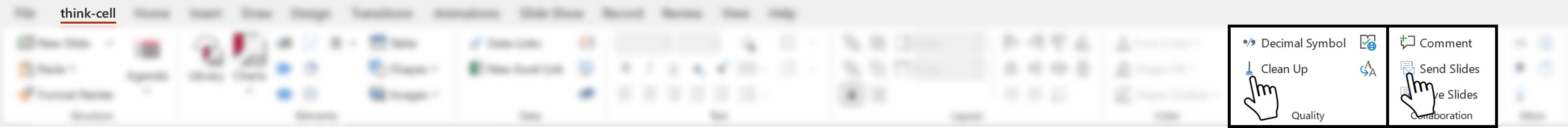Screenshot of the think-cell tab in PowerPoint, highlighting where the user can clean up or send slides from the Quality and Collaboration command groups.