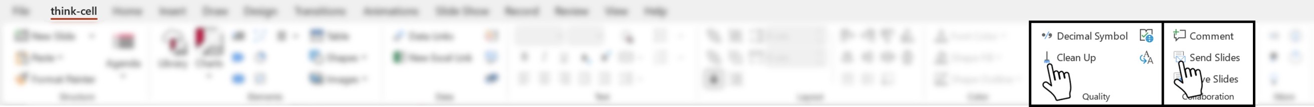 Screenshot of the think-cell tab in PowerPoint, highlighting where the user can clean up or send slides from the Quality and Collaboration command groups.