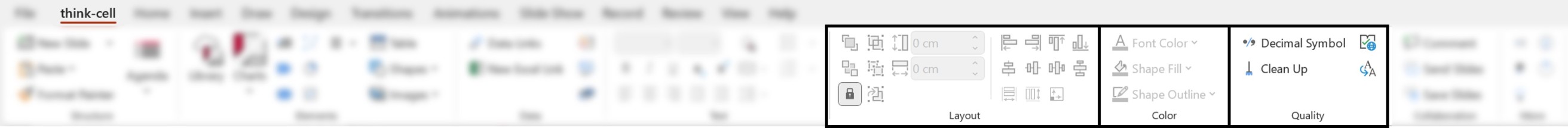 Screenshot of the think-cell tab in PowerPoint, highlighting the Layout, Color and Quality command groups.