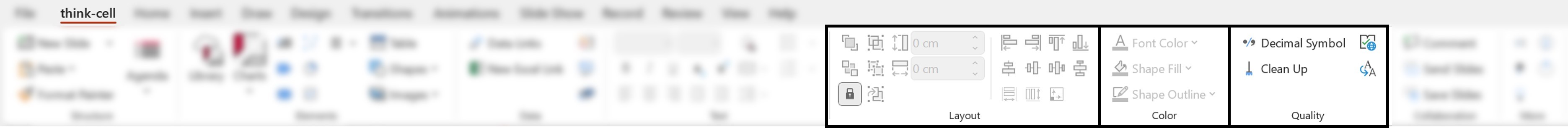 Screenshot of the think-cell tab in PowerPoint, highlighting the Layout, Color and Quality command groups.