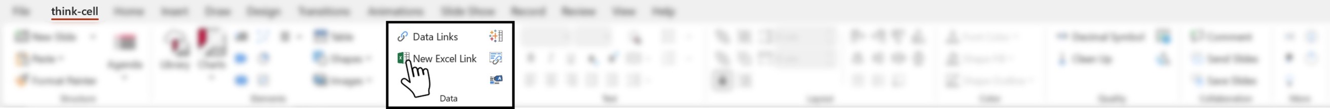 Screenshot of the thinkcell tab in PowerPoint, highlighting where the user can add a new Excel link from the Data command group.