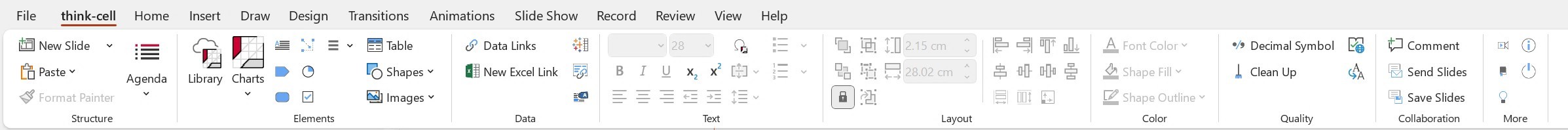 Screenshot of the thinkcell tab in PowerPoint, including all the most important tools needed for business presentation creation.