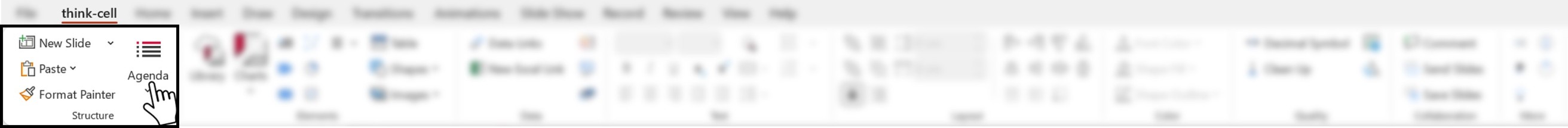 Screenshot of the think-cell tab in PowerPoint, highlighting where the user can add an agenda from the Structure command group.
