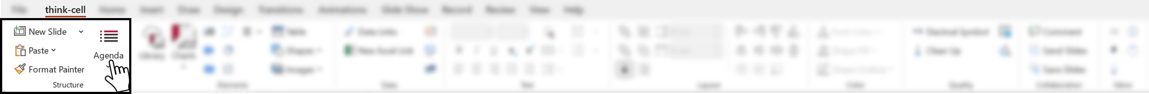 Screenshot of the think-cell tab in PowerPoint, highlighting where the user can add an agenda from the Structure command group.