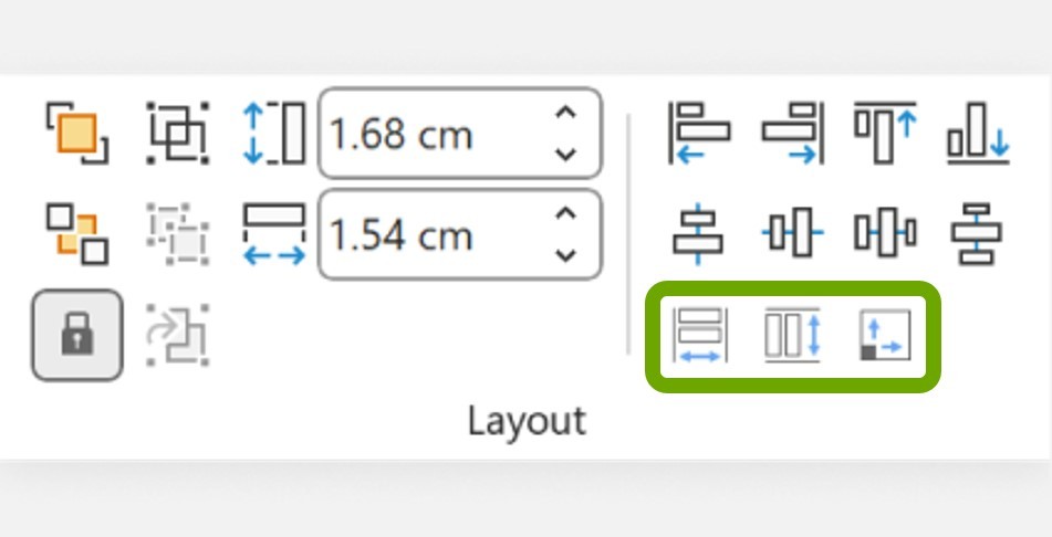 Screenshot showing the excerpt of the thinkcell PowerPoint tab where users can access the align and resize tools.