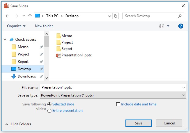 Save slides dialog with options to choose included slides and append date and time to filename