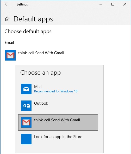 Boîte de dialogue des programmes par défaut avec think-cell Envoyer via Gmail sélectionnée