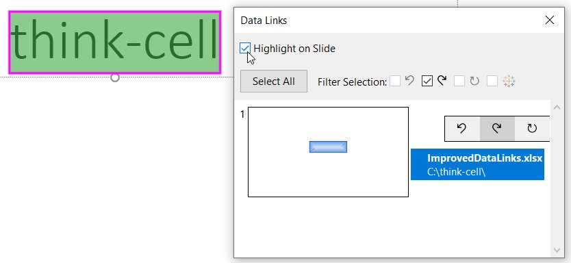 Выделенное связанное текстовое поле на слайде с диалоговым окном «Ссылки на данные» рядом с ним.