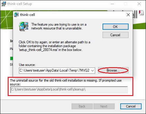 error when installing new think-cell version.
