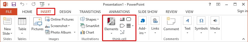 think-cell toolbar in insert ribbon