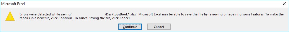 Excelのエラー メッセージ：保存中にエラーが検出されました