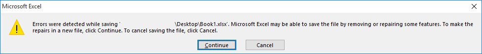 Mensagem de erro do Excel: Foram detectados erros ao salvar.