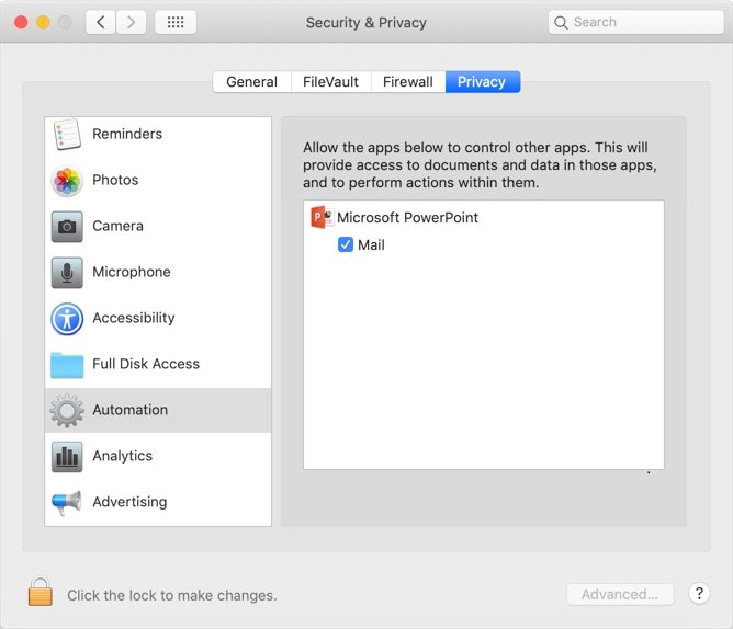 مربع حوار الأمان والخصوصية في نظام التشغيل mac.