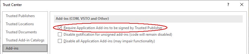 Office 2016 Trust Center Add-In Settings.