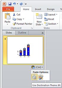 Office 2010以降：スライドを貼り付けた後、スライド プレビュー ウィンドウに表示されるスマート タグ.